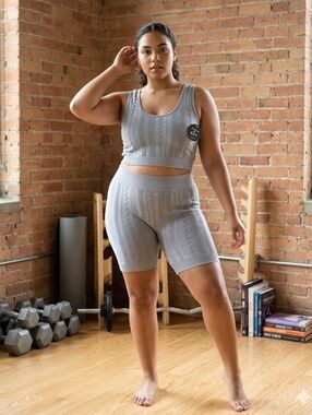 Seamless Gray Knit Crop Tank & Biker Short Active Wear Set Fct